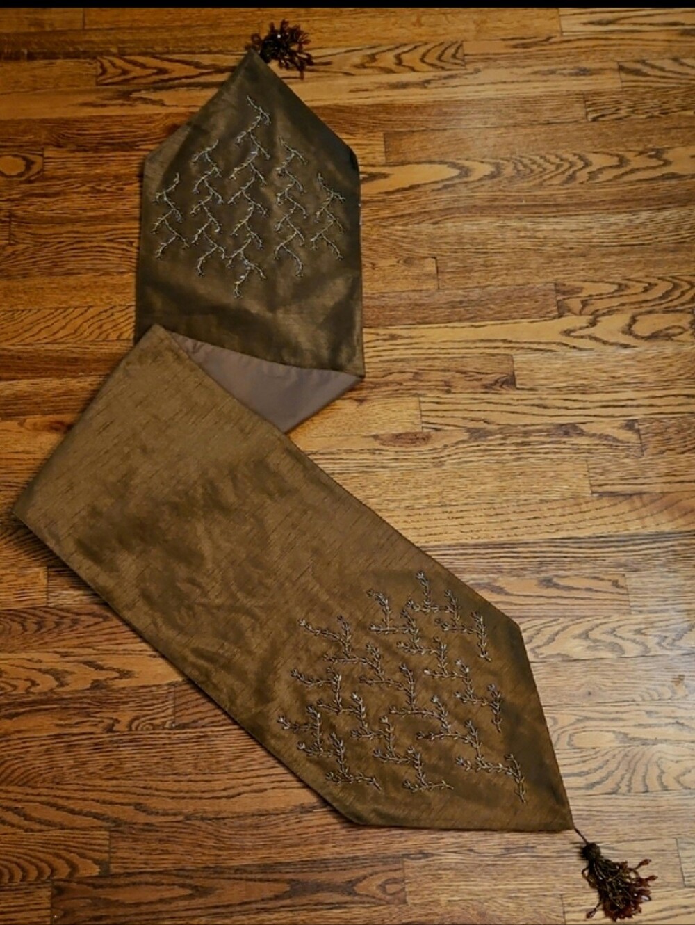 Embroidered Brown Table Runner with Beaded Branch Design